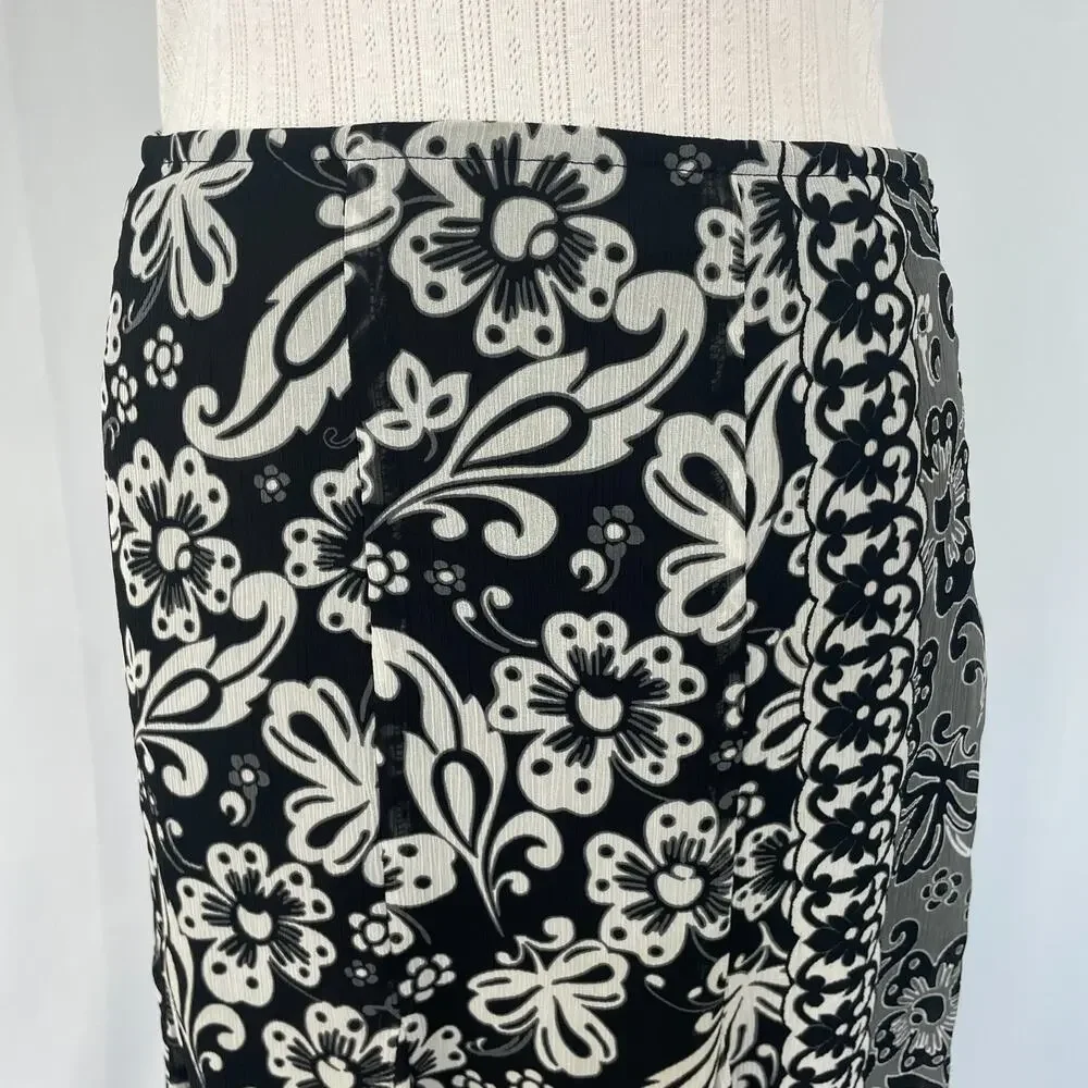 Y2K Midi Skirt Size 12 Black Gray Floral Boho Flare Chiffon Fairy Whimsigoth Vtg